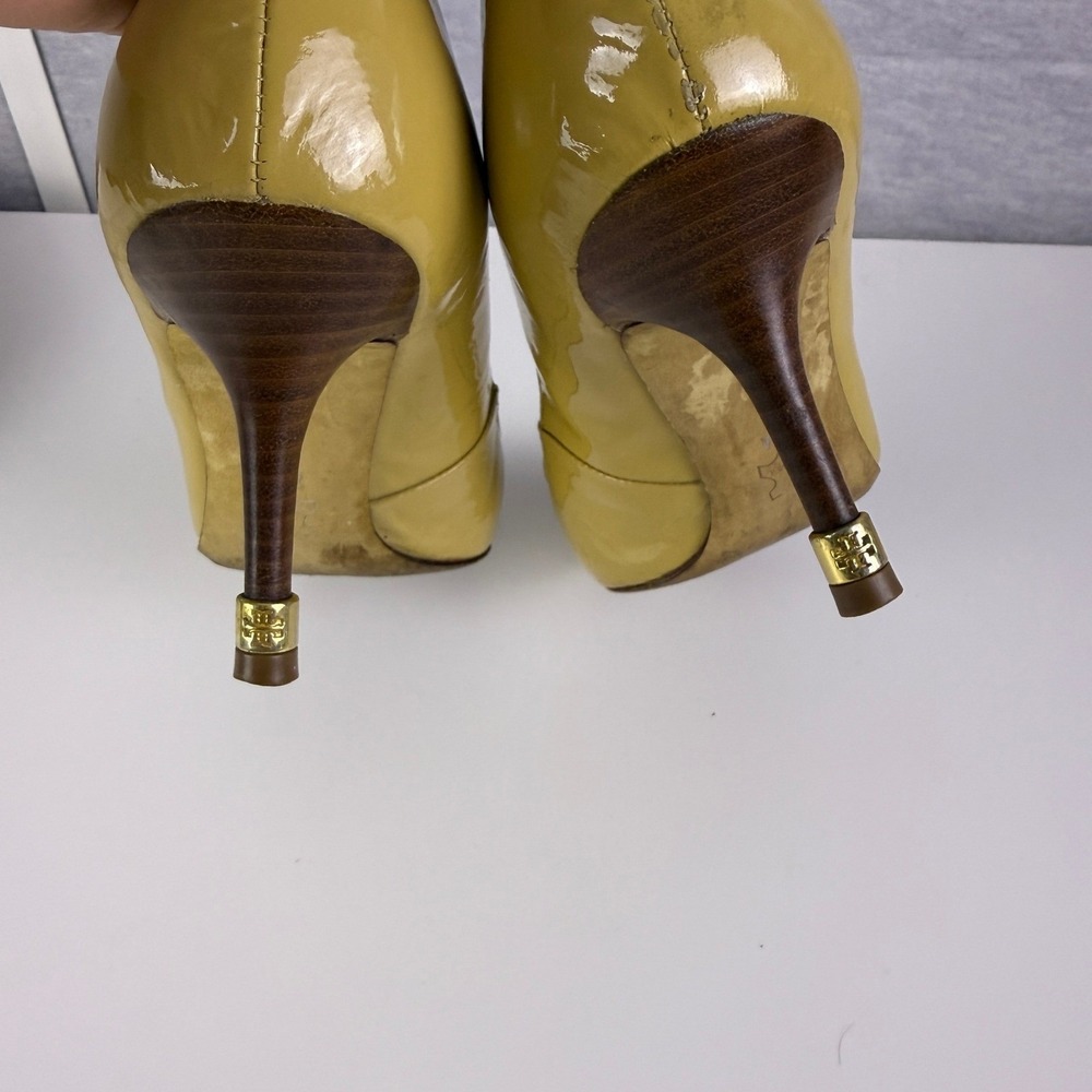 Tory Burch Womens Pumps Heels Yellow Peep‎ Toe Patent Leather Stiletto Shoes 7M - Picture 8 of 14